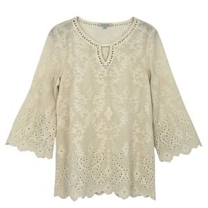 JOHN MARK Ivory Eyelet Lace Bell Sleeve Velvet Embroidered Tunic Top Women's M